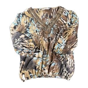 Boho Beaded Tiger Camo Blouse V-Neck Festival Sheer Glam Top M Earth Tones